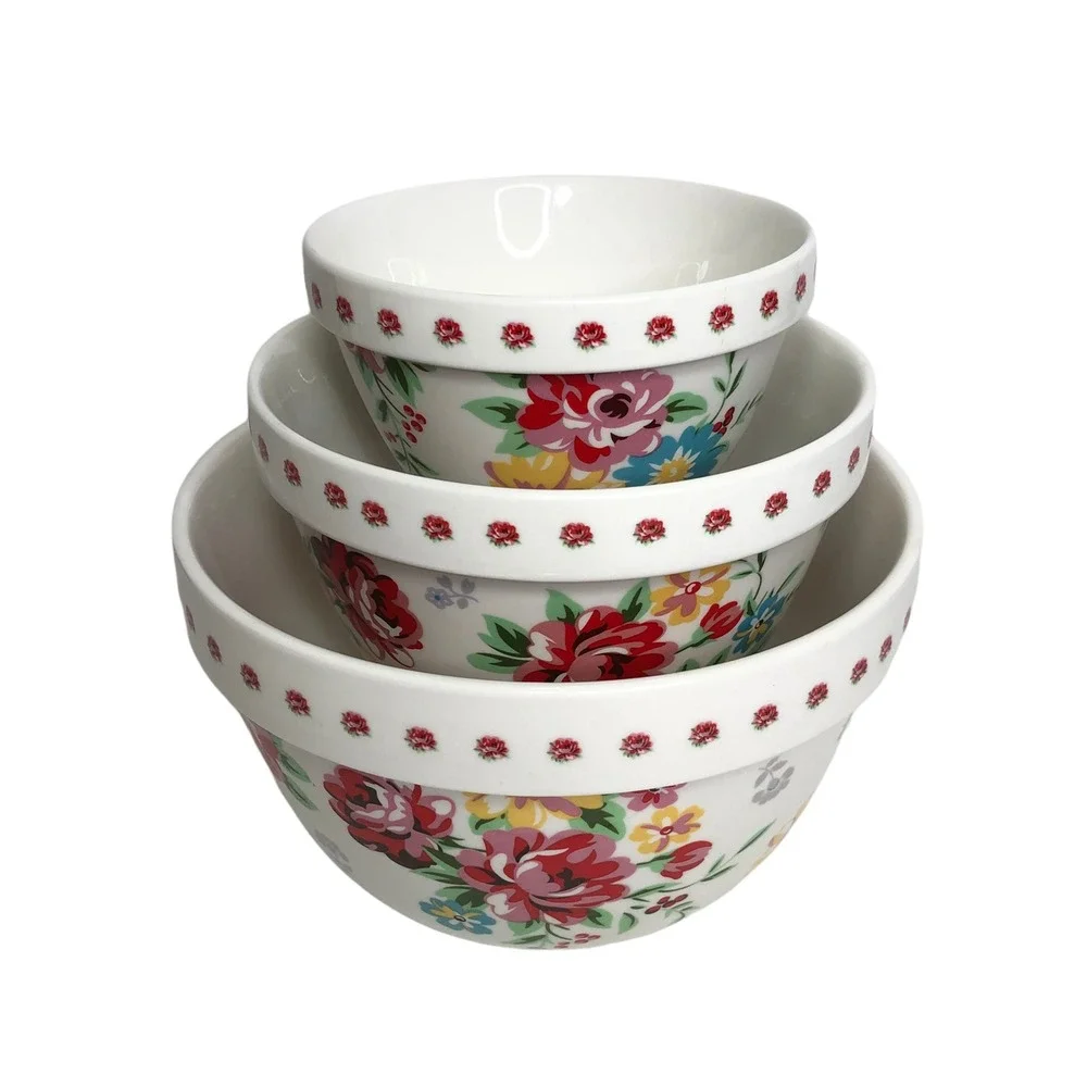 Grace's Pantry Set 3 Nesting Bowls White Floral Spring Flowers Pink Blue